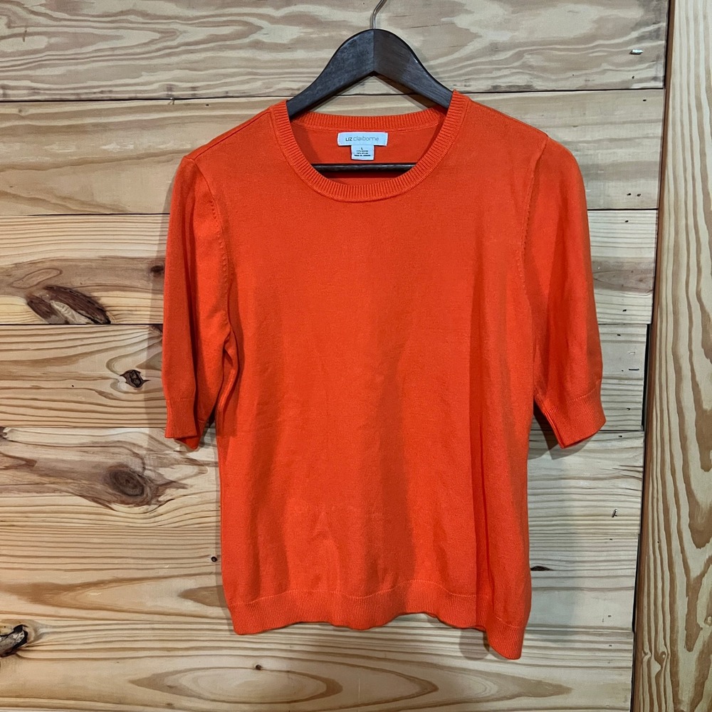 Liz Claiborne Women's Pullover Large Sweater Orange Short Sleeve Fall Festive